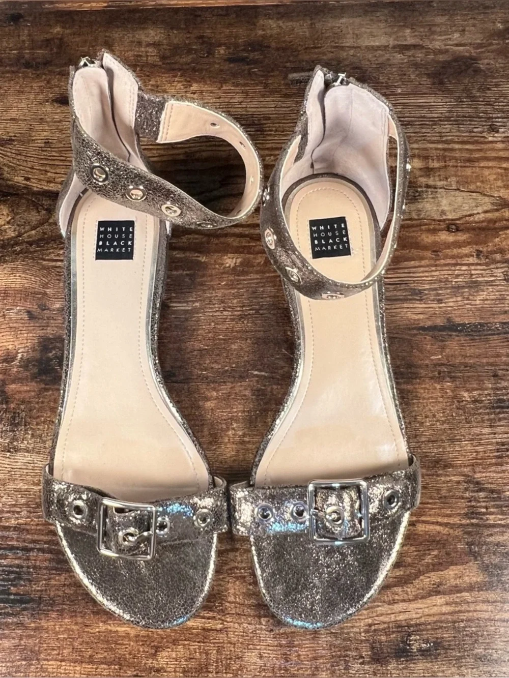 WHBM Cora Sandal Metallic Gold Ankle Strap Open Toe Buckle Dressy women's 7.5
